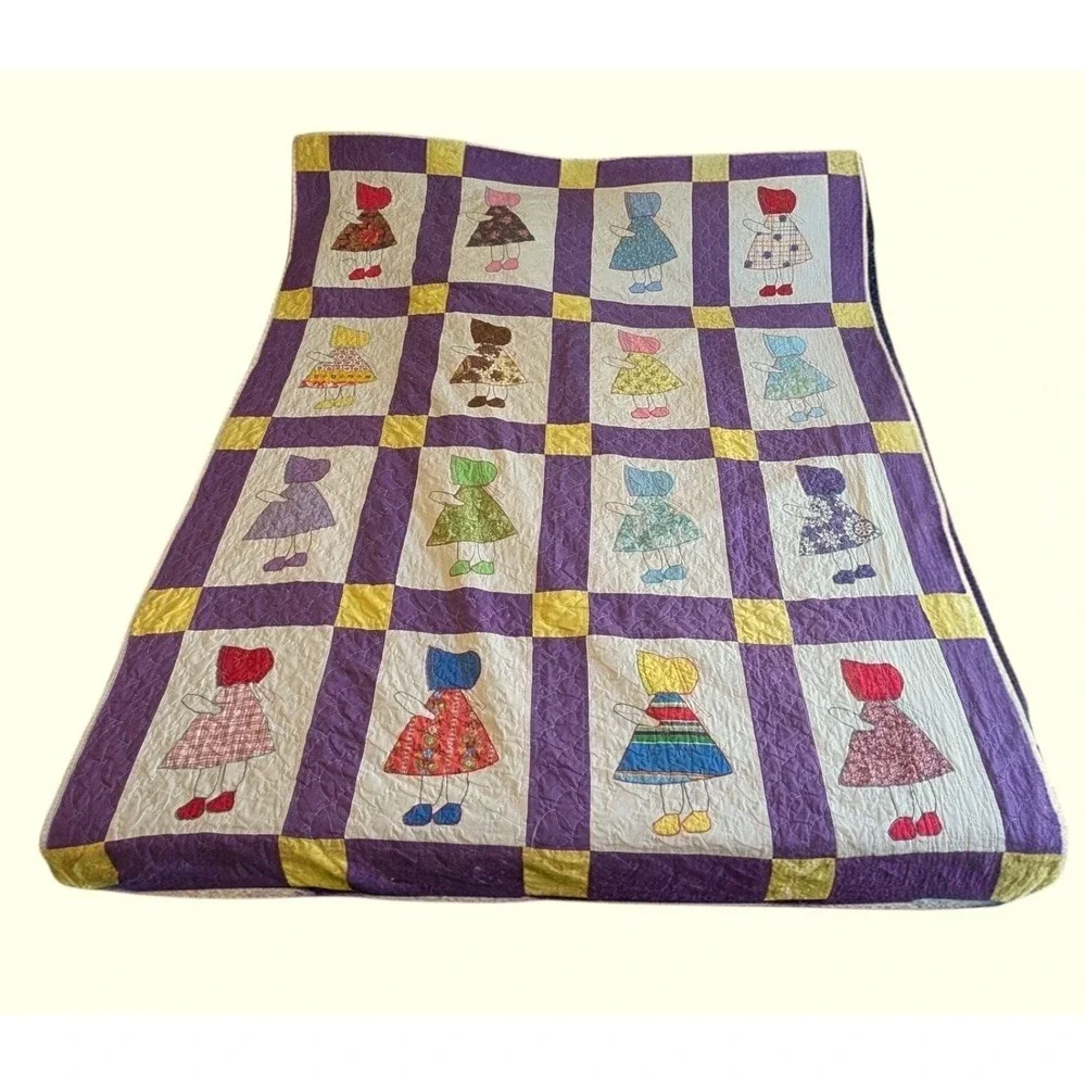 Vintage Handmade Quilt Sunbonnet Sue Twin Purple Calico‎ Cottage Folk Art 67x84